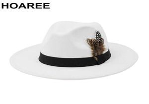 Hoaree White Wool Vintage Trilby ha sentito il cappello Fedora con donne piume uomini Cappelli della chiesa larghi brim femmina autunno jazz cappucci Q08059376199