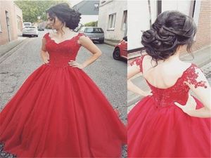 Tulle Laceup Lace Gurte Modern Red Prom Dress Ballkleider Vneck Abendkleider Vestidos de gala9616277