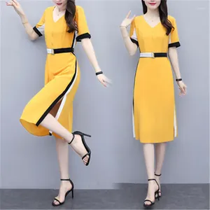 Party Dresses Real S Large Size Women's Fat Mm Simple Hepburn Style Contrast Color Stitching V Neck Cover Belly Slim Temperament Dress