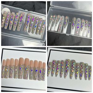 Handgjorda glittery strass 3xl extra lång kista falska tips akrylpress på naglar y2k återanvändbar falsk nagel med limgåva