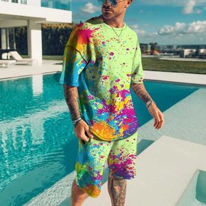 Herrspårar Summer Men T-shirt Set Color Printed Shorts 2 Piece Short Slve Sports Suit Casual Outfits Strtwear Tracksuit Man Clothing T240507