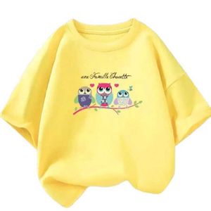 T-shirts Kawaii Family Owl Tree Cartoon Graphic Girl Girl Fashion Summer Cute Top Childrens Manga curta Clothingl240509