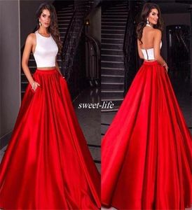 Vestidos de baile de baile de baile de baile brancos e vermelhos com bolsos cetim jóia pescoço backless 2019 Miss Universo Pageant Dresses Long Even9800543