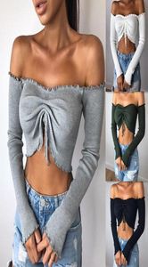 Kobiety zima seksowna na ramionach tops lady bawełniany koronkowy w górę slash szyja bluzka z frędzl