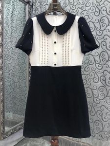 パーティードレス2024女性のファッション半袖黒と白の色をマッチする人形襟スリムドレス0405