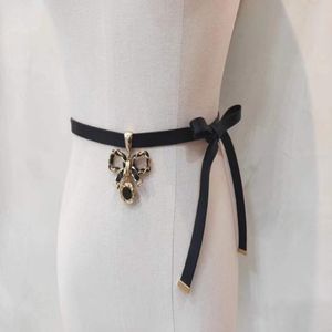 Marka uzun ince koyun derisi kemer dişi çift renkli bowknot bel zinciri siyah orijinal deri bel bant kadın aksesuarları yay kolye 360w