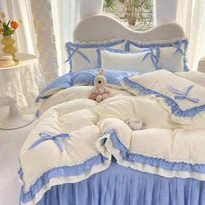 Bedding Sets Princess Lace Ruffle Bowknot Duvet Cover Bed Sheet Pillowcases Korean Set For Girls Woman Decor Home Bedroom