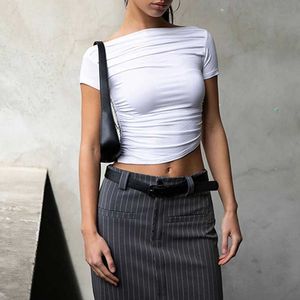 Men's T-Shirts Sexy black T-shirts for womens summer short sleeved seven pleated collar crop top casual T-shirt Bodycon fashionable solid new Fa H240508
