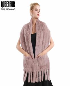 Women Real Fur Scarves Natural Knit Rabbit Fur Shawl Tassels Wrap Soft Stole Winter Warm Poncho Cape With Pocket57674729813979