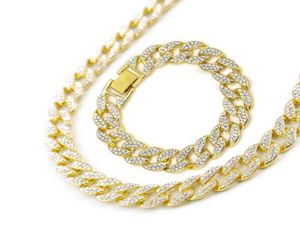 Łańcuchy mrożone Bling Rhinestone Golden Finish Miami Cuban Link łańcuch bransoletki Zestaw Men039S Hip Hop 1624 cala 8624055