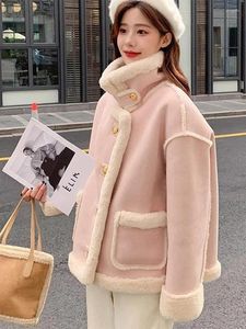 Women's Jackets Faux Fur Jacket Women Street Casual Standneck Thicken Korean Warm Coat Female Winter Solid Chic Plush Loose Outwears Lady