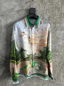 Herrpolos Silk Drop Shirt Holiday Style Retro Gradient Landscape Floral Print Men Kvinnor Långärmad Q240508