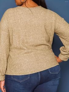 여자 T 셔츠 플러스 크기 캐주얼 탑 고체 대비 레이스 긴 소매 둥근 목