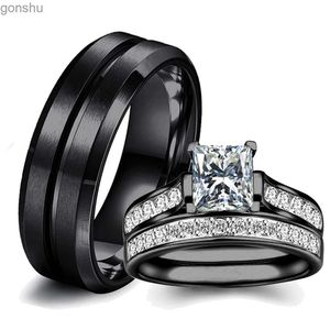 Anelli di coppia Anello di coppia alla moda Romantico Rhinestone bianco CZ Anello da donna set semplice anello in acciaio inossidabile da uomo per due gioielli da sposa WX