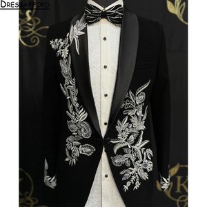 Black Blazer Men Suit White 3D Appliques Banchetto di moda in pizzo 2 pezzi pantaloni pantaloni per pantaloni