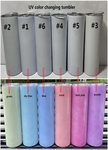 DIY UV -färgbyte tumbler 20oz sublimering tumbler solljus avkänning rostfritt stål rak mager tumlare med lock och stra9750458