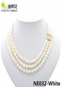 Fashion Charm 3Rows 78mm Natural White Akoya Cultured Pearls Necklace Jewelry Gold Button Woman Wedding Christmas Gift AAA 17199635477