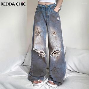 Women's Jeans REDDACHiC Studded Star Y2k Women Baggy High Rise Blue Dirty Wash Distressed Ripped Hole Wide Leg Pants Harajuku Streetwear