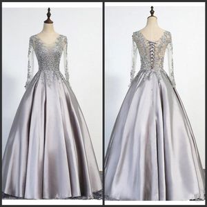 Eleganckie srebrne sukienki wieczorowe w dużych rozmiarach długie 2020 Nowe długie rękawy zbiera koronkowe aplikacje do podłogi.