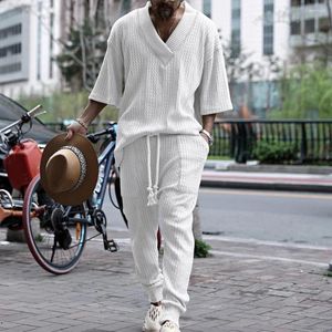 Men's Tracksuits Summer Casual Loose Three-quarter Sleeve Top Jacquard Knit Trousers Suit Beach Holiday Wear Two-Piece Clothing