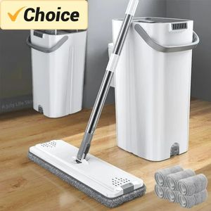 Floor Magic Flat Squeeze Mop with Bucket Hand Free Lazy Cleaning Mop Microfiber 360 Rotating Self-Wringing Mop House Cleaning 240508