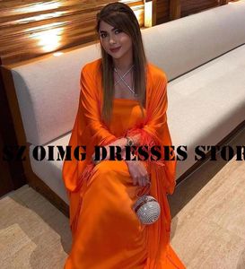 Partykleider Oimg Design Cross Federn Prom arabische Frauen Langarm Seiden Satin Orange Abendkleider formelle Kleidung