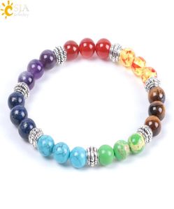 CSJA совершенно Новые 7 чакрс -браслетов натуральная чакра Healing Point Gemstone Beads Император бирюзовый агат -янтарный серебряный шарм