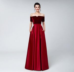 2019 Real red Velvet evening dresses plus size off shoulder short sleeves bateau neck satin floor length formal evening prom party5812280