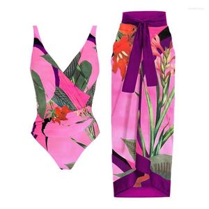 Mutade feminina 2024 Duas peças Impressa Bathing Bikini Strap Beach Dress Dress Swimsuit Skiffon Chiffon Long Skirt