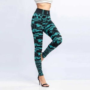 Leggings femininas Cuhakci Women High Caist Grn camuflagem apertada de bolso falso de bolso Fake Lápis Leggings Stretch Stretch Slim Fit Jeggings Y240508