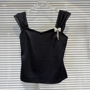 Kvinntankar PREPOMP 2024 Summer Collection ärmlös Rhinestone Bow Mesh Axelband Black Tank Top Women Vest GR050