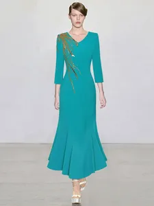 Sıradan Elbiseler Pist Tasarımcısı Kadınların Yüksek Nitelikli Bahar Moda Şifon Vintage Pulin Boncuk Muhteşem İnce Fit Seksi Şık Deniz Kızı Uzun