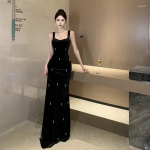 Casual Dresses Black Velvet Long Evening Dress Women Y2k Retro Sleeveless Sexy Bodycon Party Gown Mermaid Fishtail Maxi Formal