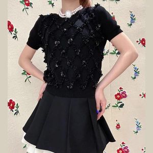 Kvinnors T-skjortor Lace Diamond Sequin Studded Flower Sticked Round Neck Short Sleeve Top Tees Women Spring/Summer Black White Loose T-shirt