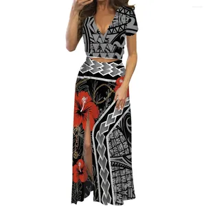 Work Dresses Summer Ladies Beach Party Sexy Slit Bodycon 2 Piece Dress Polynesian Hawaiian Tribal Clothing Samoan Tropical Print Puletasi