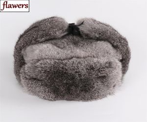 New Russian Winter Unisex Real Rabbit Fur Bomber Hat Men Warm 100 Natural Rabbit Fur Hats Male Full Pelt Genuine Rabbit Fur Cap Y7966632