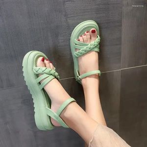 Dress Shoes Beach Ladies One Word Platform Outdoor Round Toe Tip Summer 2024 Sandals For Women Open Buckles Green Footwear The H