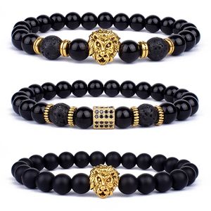 Fashion Obsidian Lion Head Charm Bracelets Men Lava Stone Zircon Prism Bangles for Women Friendship Jewelry Gift 240423