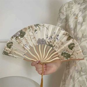 Chinese Style Products New Chinese Silk Folding Fan Wooden Shank Classical Dance Fan High Quality Tassel Elegent Female Fan Home Decoration