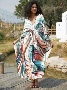 Chic stampato a mano a mano a v-tory manica a batwing in uscita abito di casa kaftan abito da donna 2024 estate boho vacanze beachwear cover su Q1628