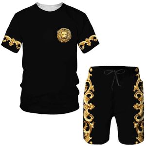 Herren-T-Shirts Sommer Herren Sets neue 3D Golden Chain Stydruckkleidung Marke Kurzsee Vintage Luxus Royal T-Shirt Shorts 2-teilige Anzug H240508