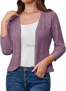 Kvinnors tröjor Cardigan 3/4 Sleeve Open Front Short Cardigan Hollow Sticked Shawl 2024 Summer Fashion Knitwear