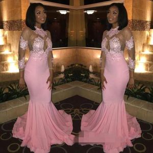 2019 New Custom Made Pink Prom Dresses Jewel Neck Illusion 3 4 Lace Long Sleeves Ruffles Sweep Train Mermaid Evening Special Occasion G 259Q