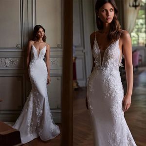 Vintage Deniz Kızı Gelinlik 3D-Floral Aplikler Gelin Gowns Spagetti Kayışları Gelin Elbiseler Özel Yapım Vestido De Novia