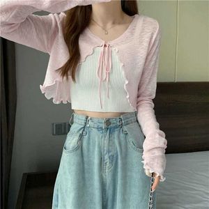 Women's Knits Tees Summer thin coat sun protection cardigan ice silk knitted womens top bow tie lace short sleeved suspended ski shawl breathable shirtL2405