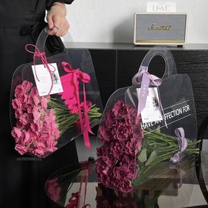 5/10 Sacos de flores transparentes com alças Caixa de buquê fresca usada para Aniversário Rosa Pacote Caixa de presente do Dia dos Namorados 240424