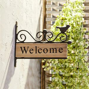 1pc Welcome Sign Board Iron Art Wooden Hanging Pendant Rural Style Bird Pattern Door Hanging Decoration Wall Mounted 240429