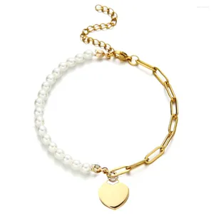 Bracelets de charme minamama ajustável em aço inoxidável Faux pérola em branco Coração para mulheres Presentes de jóias artesanais da moda
