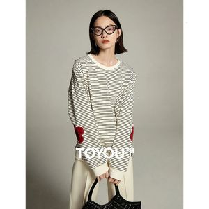 Toyouth Women Sweatshirt Autumn Long Sleeve O Neck Loose Hoodie Black and White Stripes Flower Brodery Casual Tops 240509