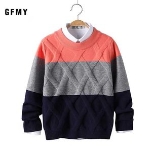Sets GFMY 2019 Autumn/Winter Fashion O-neck Tri Color Combination Sweater Suitable for Boys Warm Wool 5-14 Year Coat Childrens Q240508
